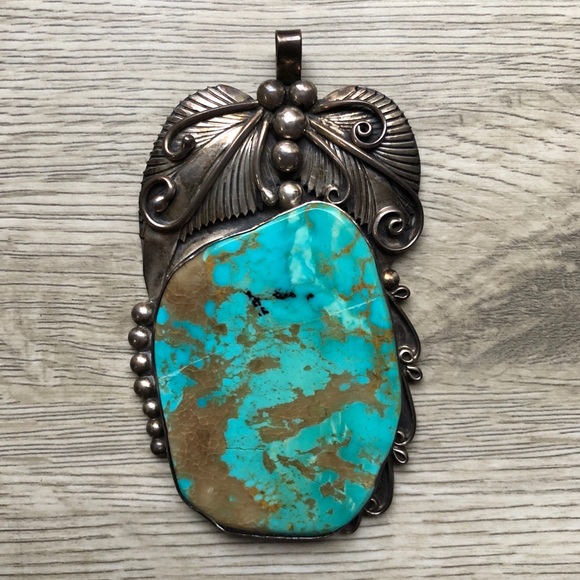 Jewelry - HUGE Vintage Navajo Kingman Turquoise 925 Sterling Silver Pendant Statemnt Piece
